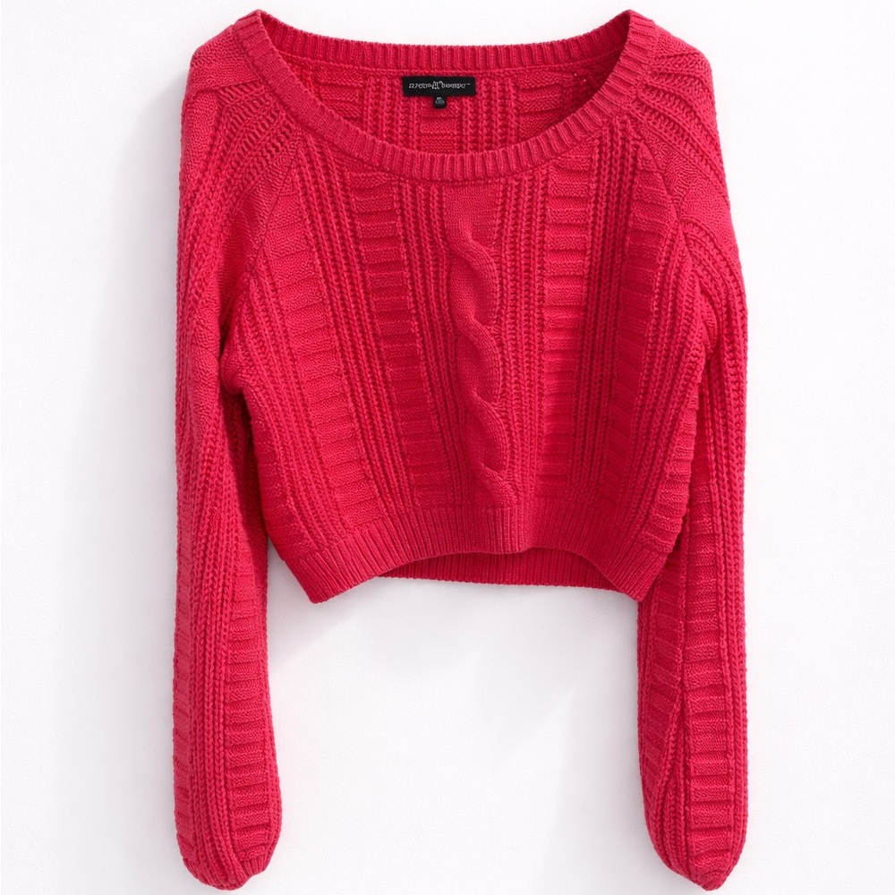 💖 Almost Famous Hot Pink Cropped Cable Knit Long Sleeve Sweater XL